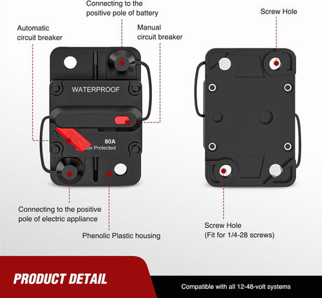 80A Circuit Breaker Resettable 12-48V DC Manual Reset w/Copper Wire Lugs Surface Mount Overload Protection Nilight