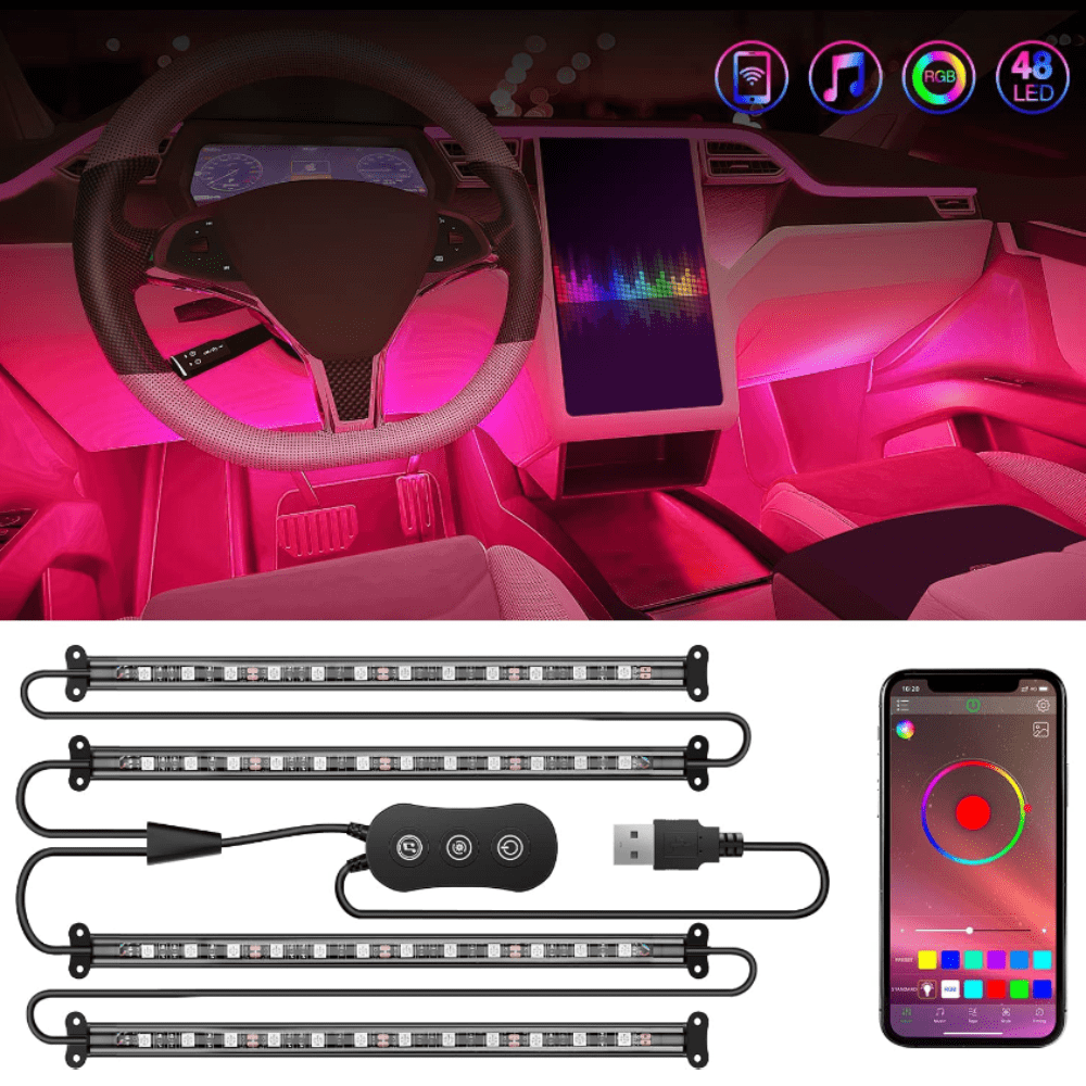 48Leds RGB USB Interior Light Strip APP Remote Control 4PCS