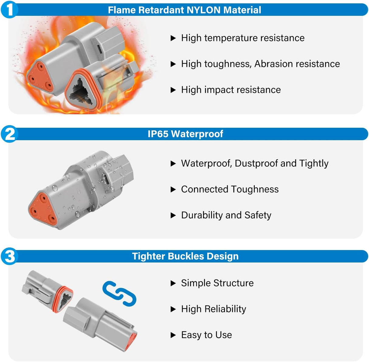 3 PIN DT Connector Kit 3 Sets Size 16 Solid Contacts Waterproof Male Female Terminal for 14-20 AWG DT Series Connector nilight