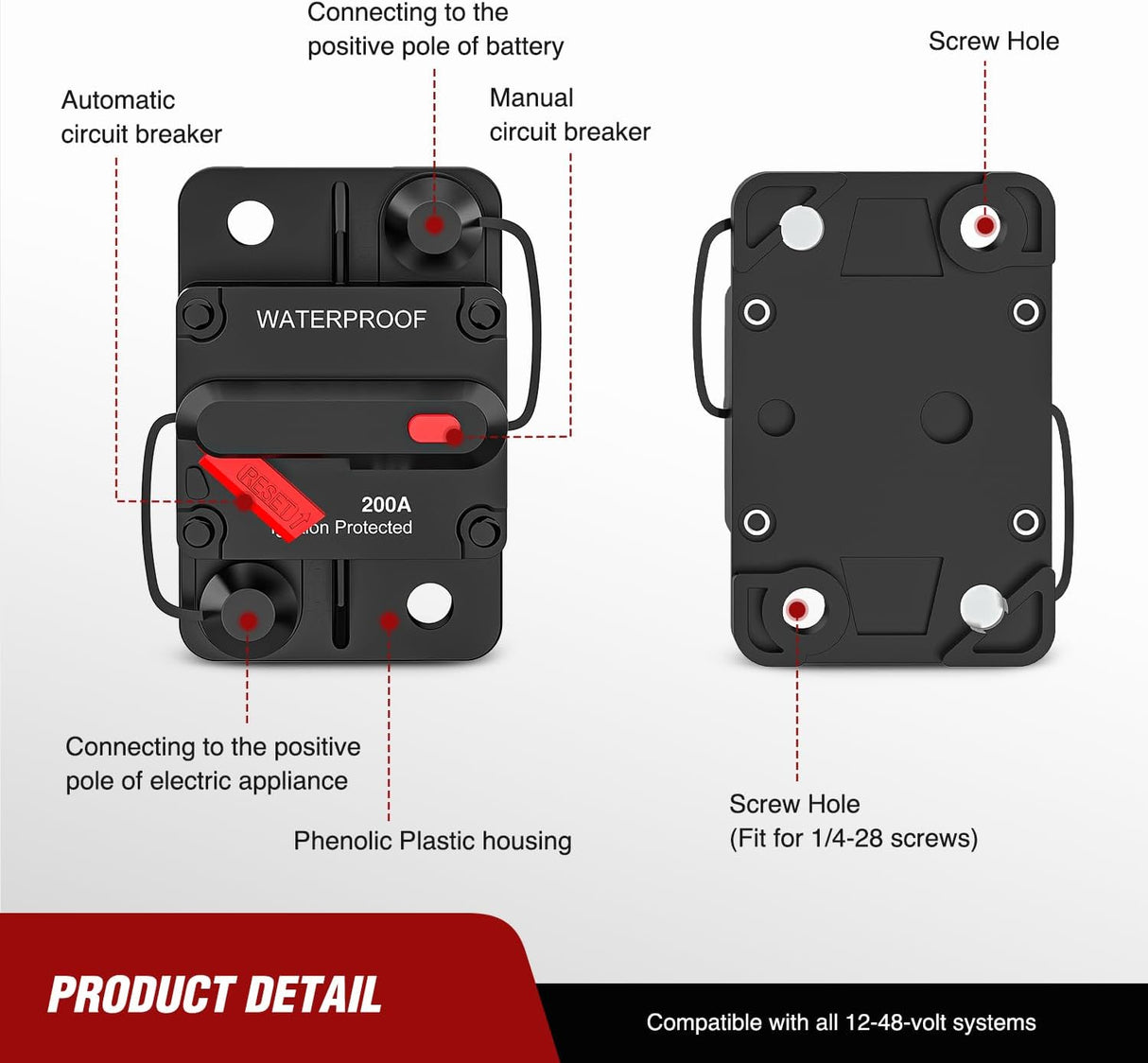 200A Circuit Breaker Resettable 12-48V DC Manual Reset w/Copper Wire Lugs Surface Mount Overload Protection Nilight