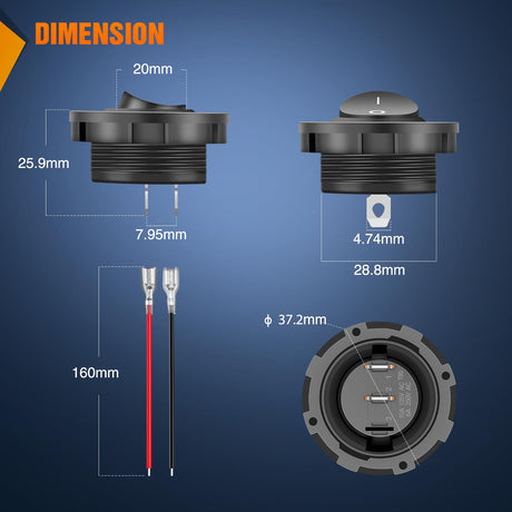 5PCS ON Off Round SPST 20mm Mini 12 Volt DC 2 Pin Circle Toggle Switch with 160mm Wiring Harness Nilight