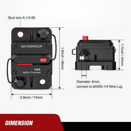 120A Circuit Breaker Resettable 12-48V DC Manual Reset w/Copper Wire Lugs Surface Mount Overload Protection Nilight