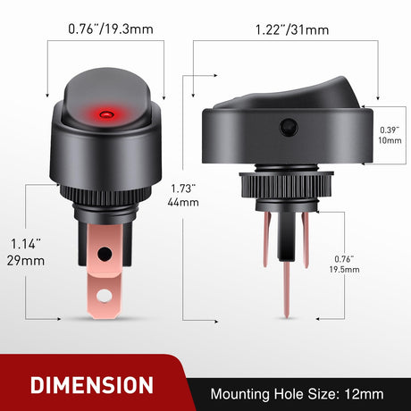 5Pcs 12V 30A Round Toggle LED Switch with Red LED Indicator Nilight