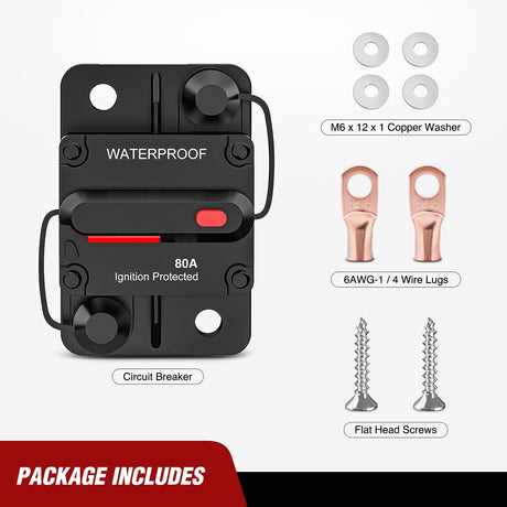 80A Circuit Breaker Resettable 12-48V DC Manual Reset w/Copper Wire Lugs Surface Mount Overload Protection Nilight