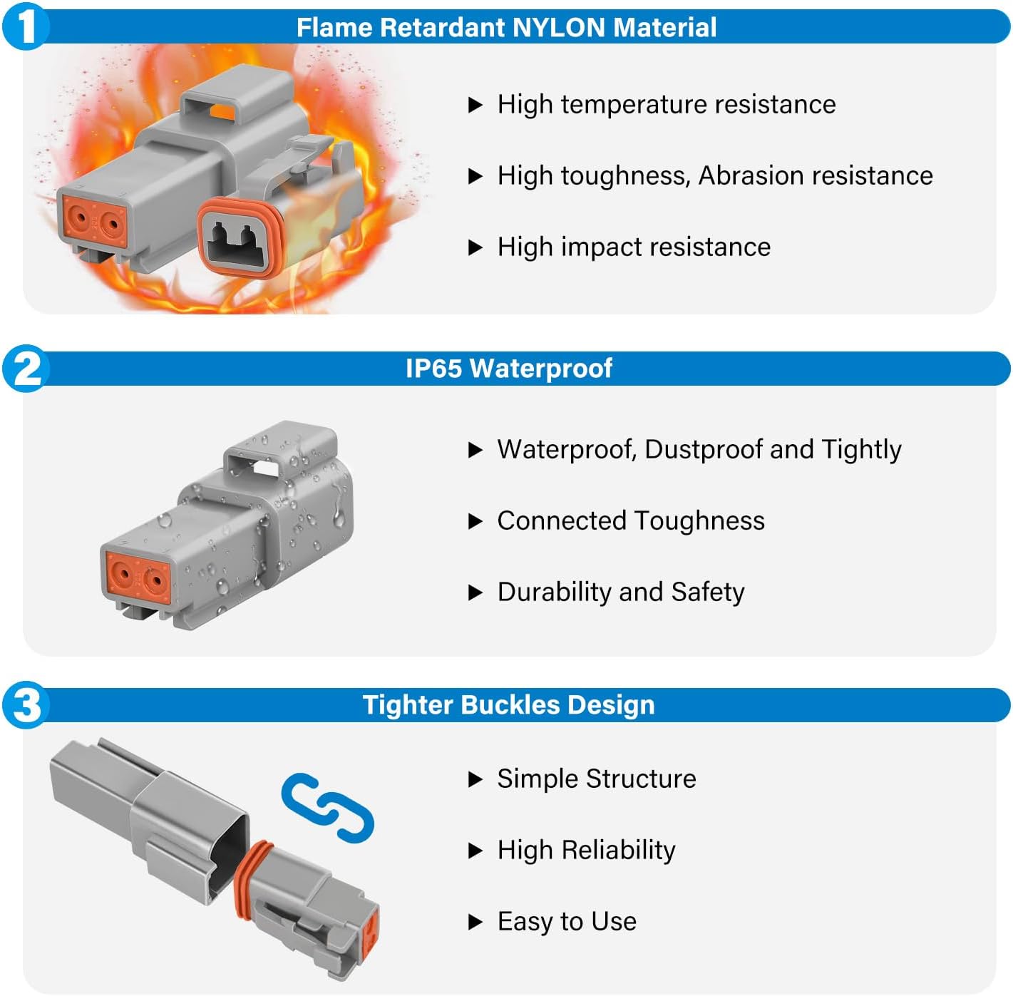 2 PIN DT Connector Kit 3 Sets Size 16 Solid Contacts Waterproof Male Female Terminal for 14-20 AWG DT Series Connector nilight