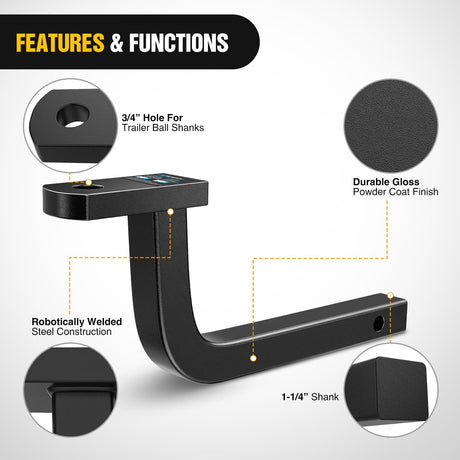 Trailer Hitch Ball Mount with 1/2in Hitch Pin Clip Fits 1-1/4in Receiver 3,500 lbs 3/4in Hole 5in Rise Nilight