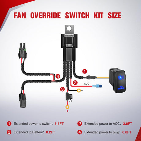 16AWG ATV UTV Fan Override Switch Kit with Relay LED Blue Light 5PIN Rocker Switch Nilight