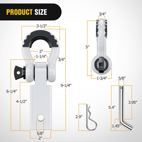 2 Inch Shackle Hitch Receiver 3/4 Inch D Ring Kit White Nilight