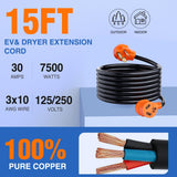 30 Amp 15FT 3 Prong EV Dryer Extension Cord  Nilight