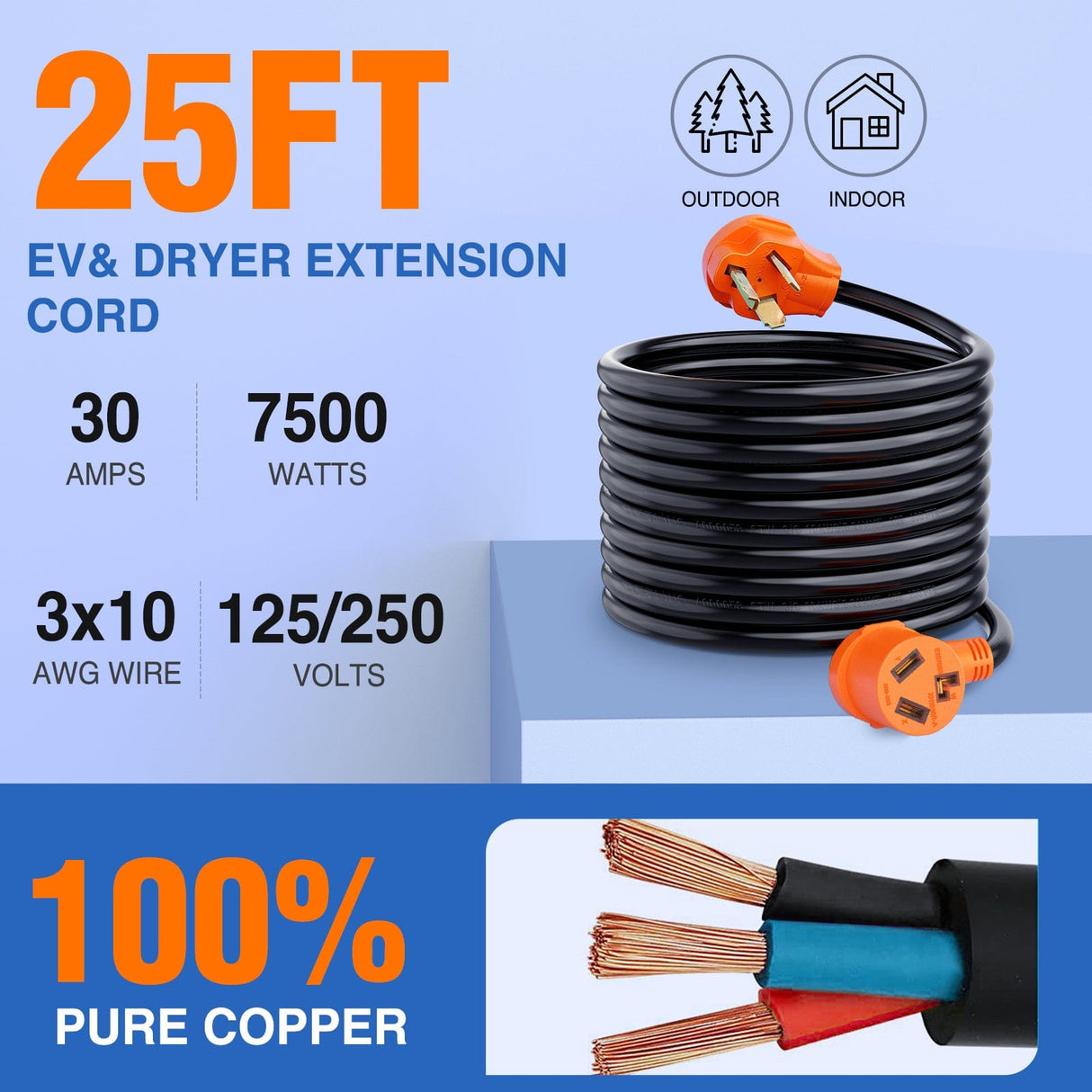 30 Amp 25FT 3 Prong EV Dryer Extension Cord Nilight