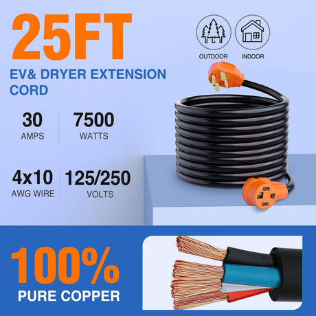 30 Amp 25FT 4 Prong EV Dryer Extension Cord Nilight