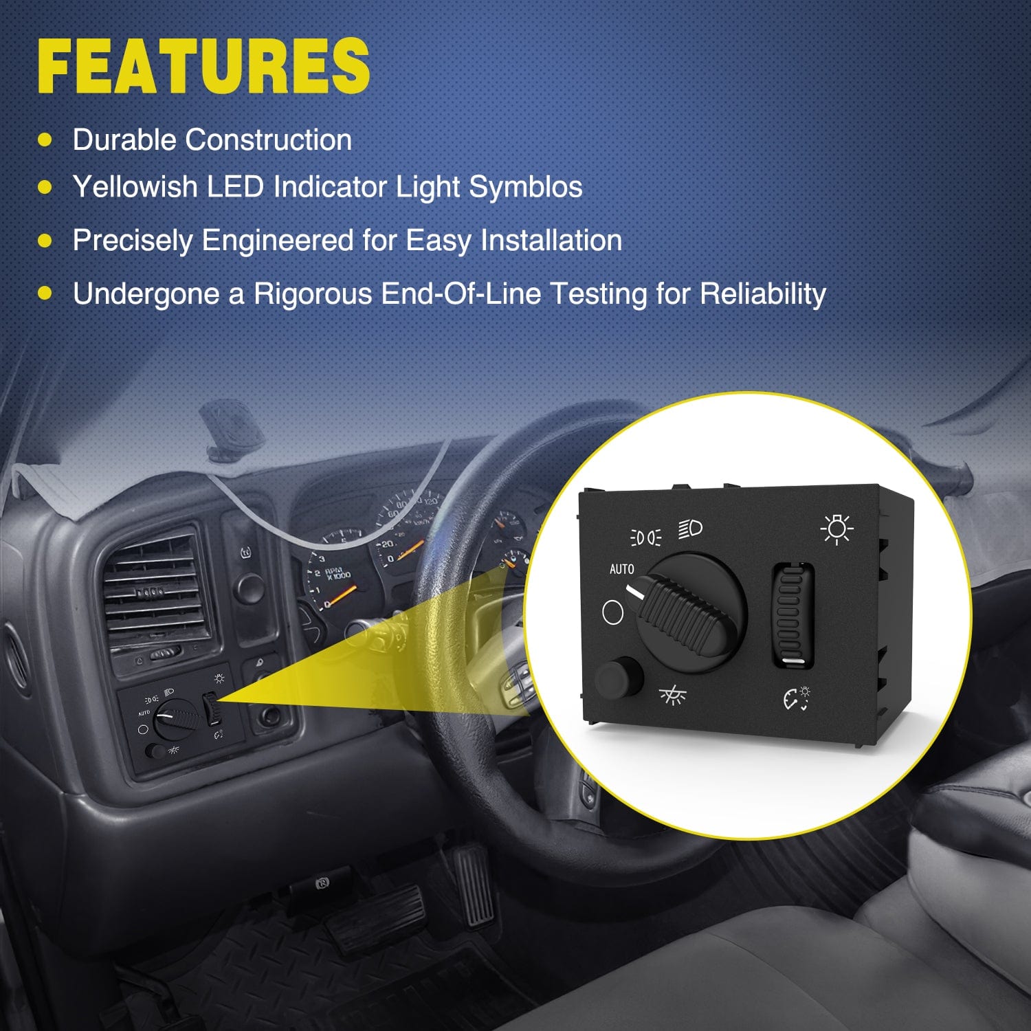 Headlight Dimmer Switch with Warm White LED Light Compatible with 2003-2007 Chevy Silverado 1500 2500 3500 2003-2006 GMC Sierra 1500 2500 Cadillac Escalade Nilight