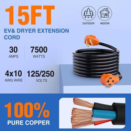 30 Amp 15FT 4 Prong EV Dryer Extension Cord Nilight