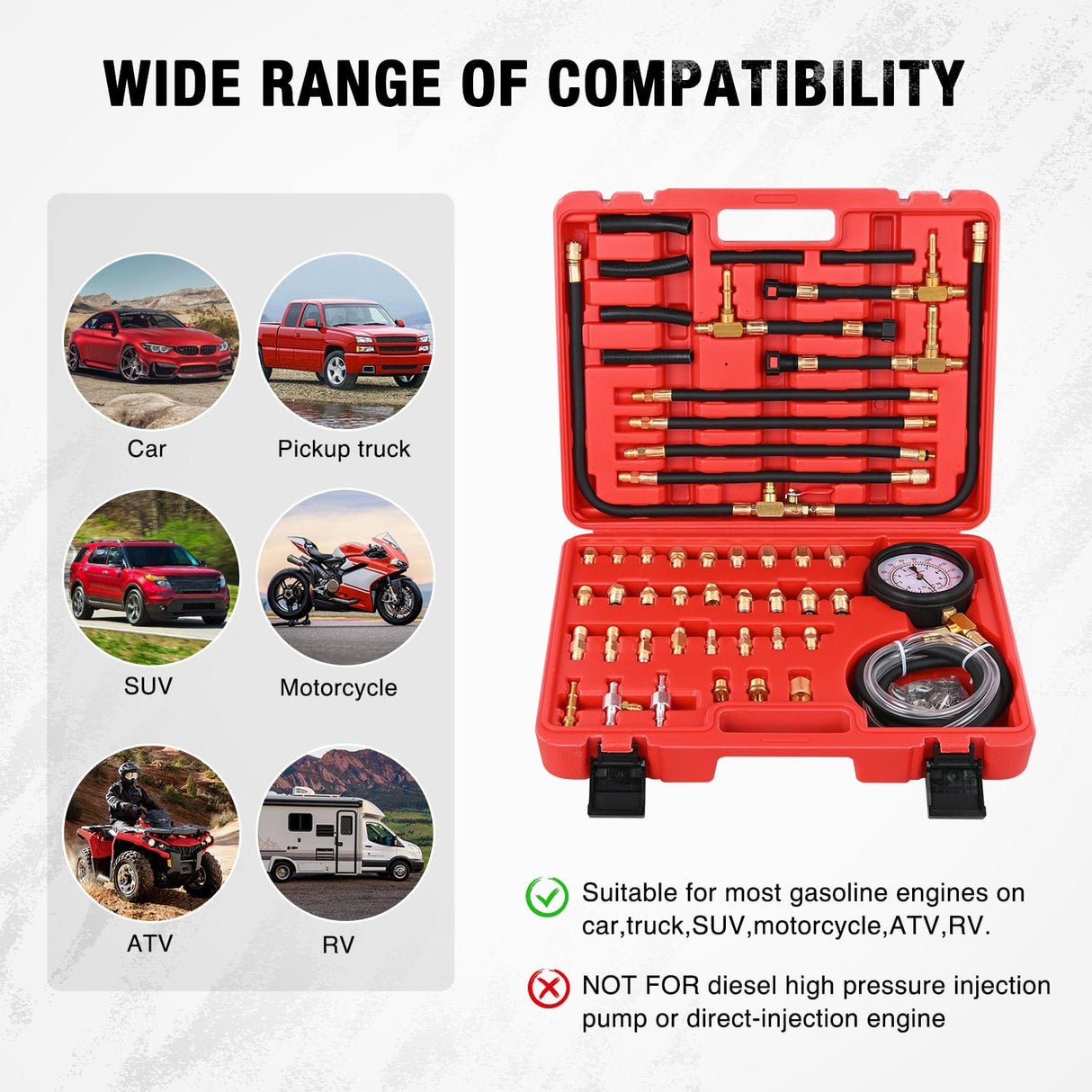 52 pcs 0-140 PSI Fuel Pressure Gauge with 9.49,7.89,6.30 Fuel Line Fittings Master Fuel Pressure Tester Kit Nilight