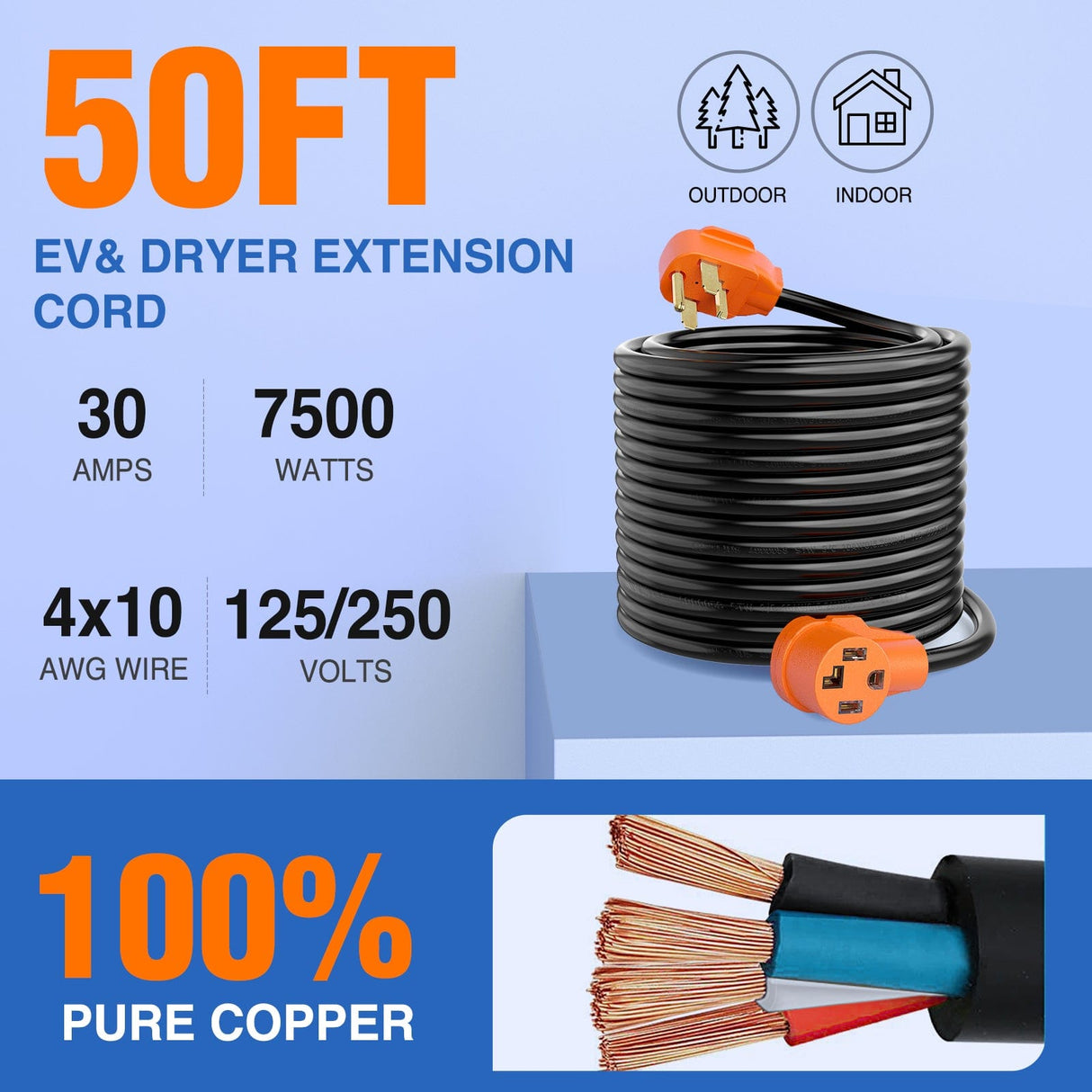 30 Amp 50FT 4 Prong EV Dryer Extension Cord Nilight