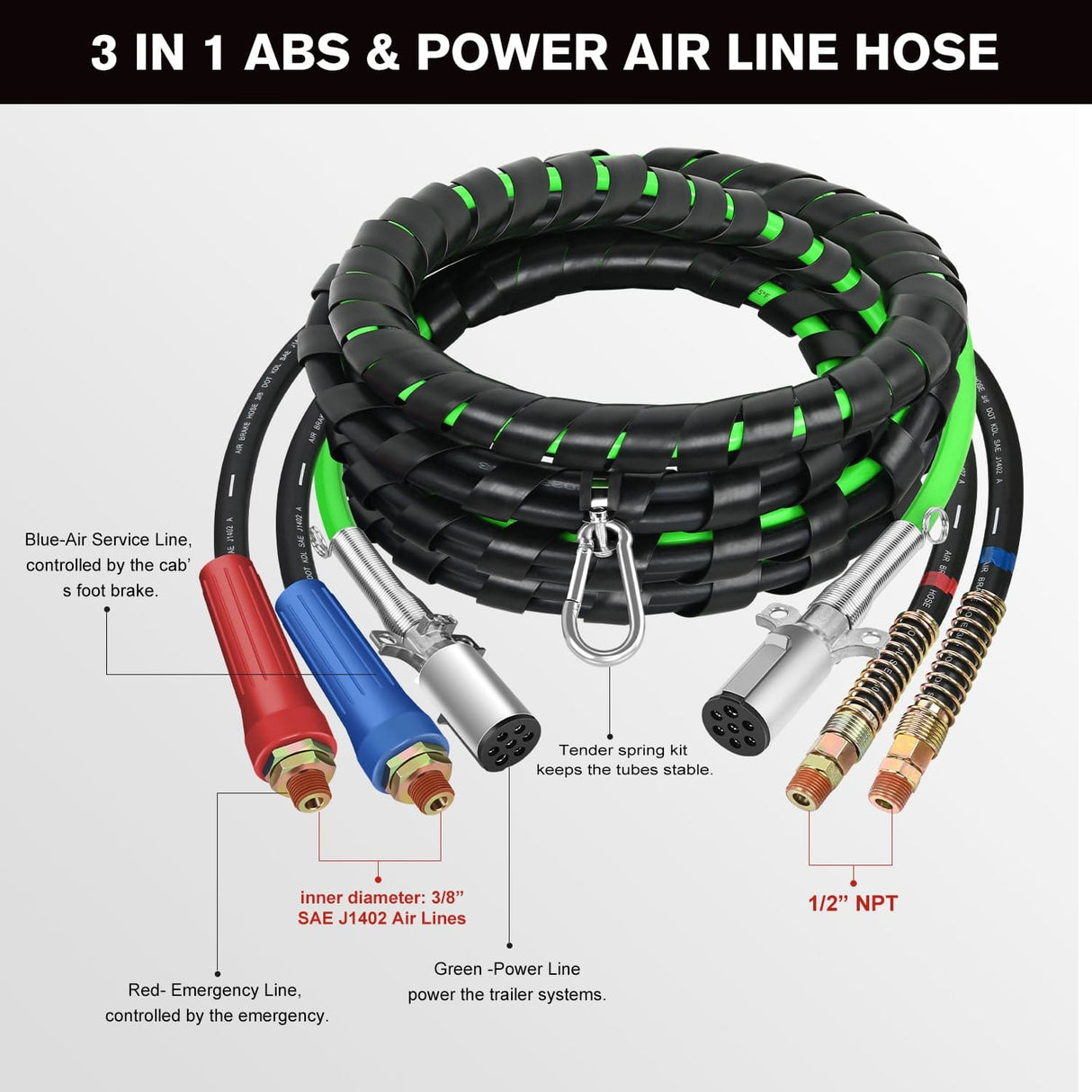 15FT 3-in-1 ABS Electrical Cord Cable & Rubber Air Power Line Hose Kit Nilight