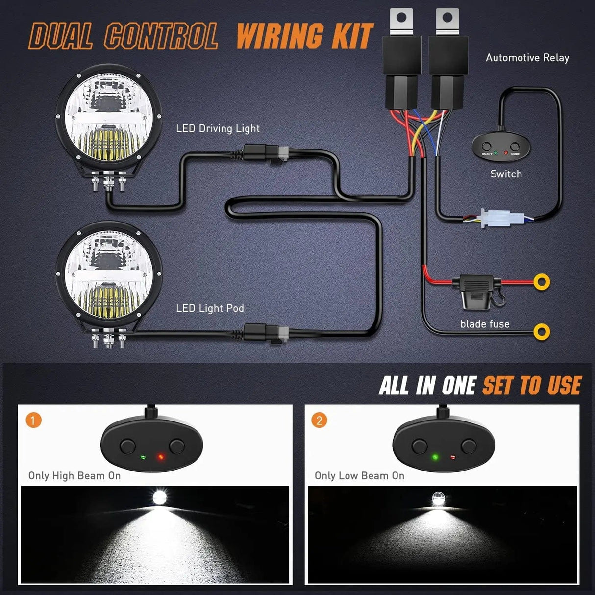 7 Inch 120W 5800LM Round High Low Beam Built-in EMC LED Work Lights (Pair) | 14AWG DT Wire Nilight