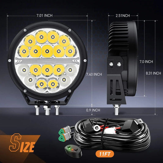 7 Inch 90W 9850LM Round Spot Flood Built-in EMC DRL LED Work Lights (Pair) | 12AWG DT Wire Nilight