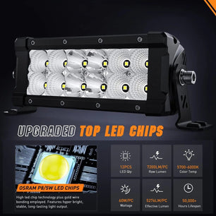 7.6 Inch 60W 7200LM Double Row Spot Flood Osram P8-5W Chips LED Light Bars (Pair) Nilight