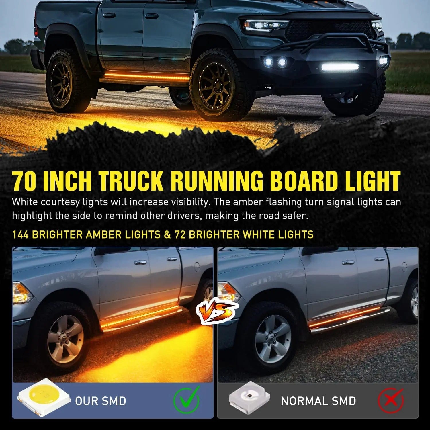 70 Inch 216 Leds Running Board Amber White Light Strip (Pair) Nilight