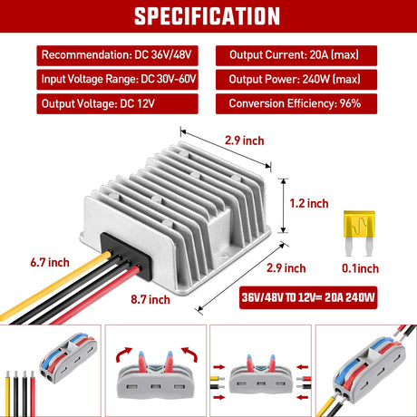 36V/48V to 12V 20A 240W Voltage Converter Nilight