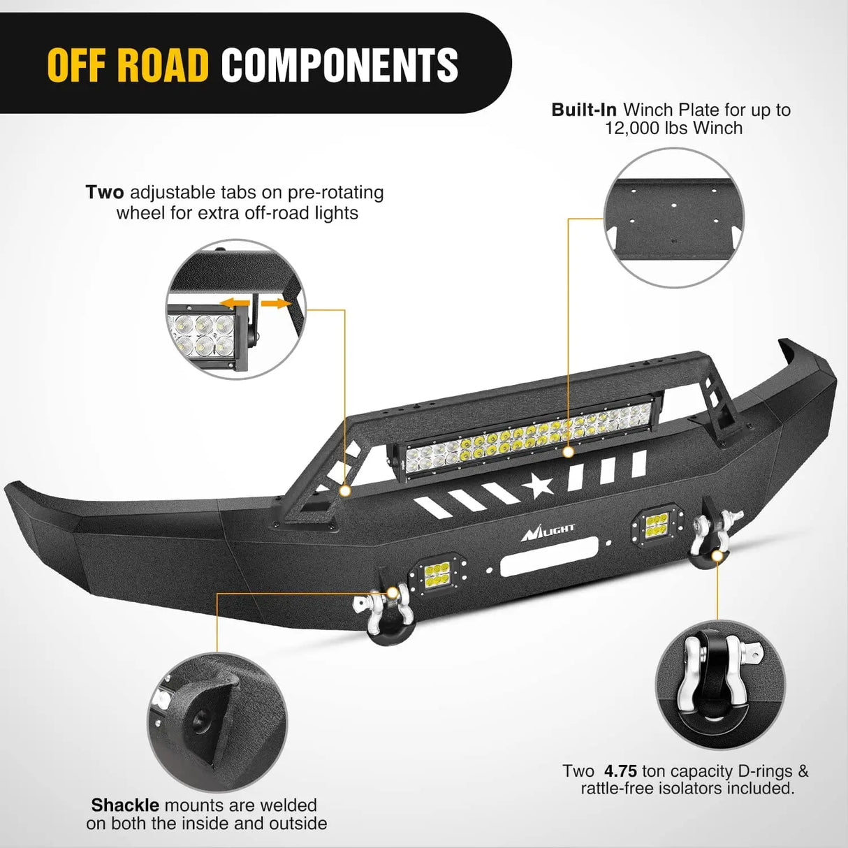 2009-2014 Ford F150 Front Bumper Full Width Solid Steel with Winch Plate Offroad 120W LED Light Bar 2Pcs 18W LED Work Light Pods Nilight