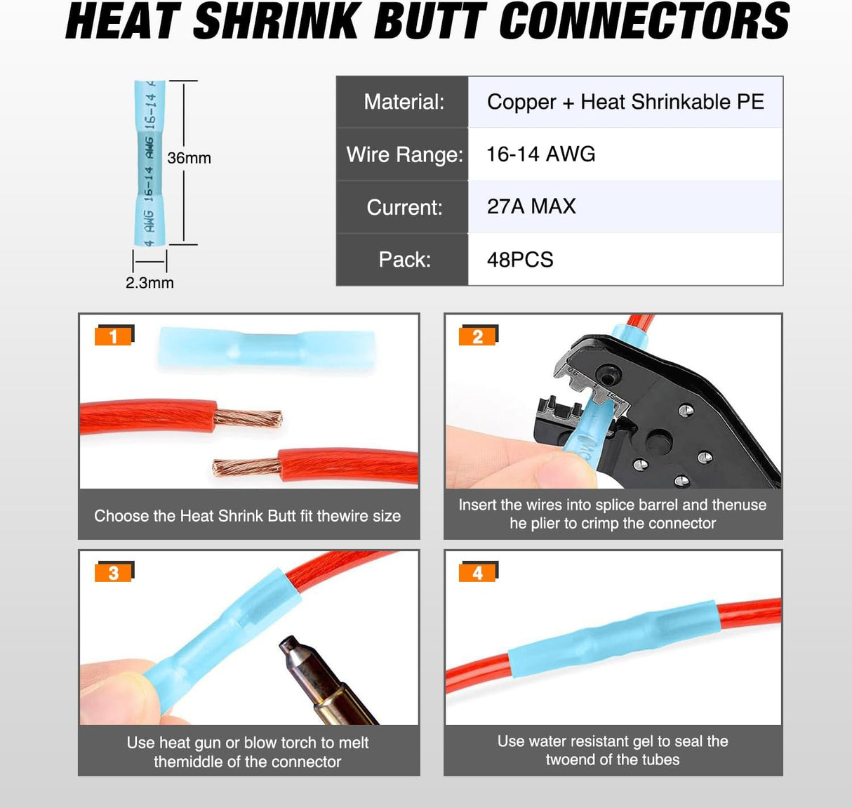 4 Pin DT Connectors 16AWG 6 Kits Male and Female Electrical Connector Waterproof Plug and Play w/Heat Shrink Butt Terminals nilight