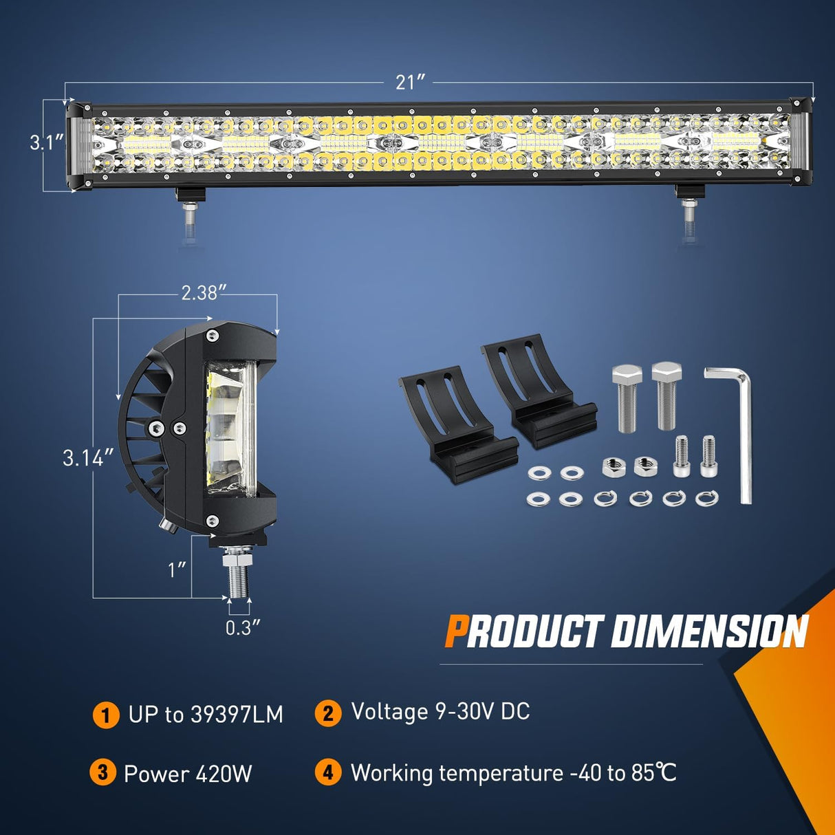 20 Inch 420W Side Shooter Quadruple Row Spot Flood LED Light Bar | 16AWG Wire 5Pin Switch Nilight