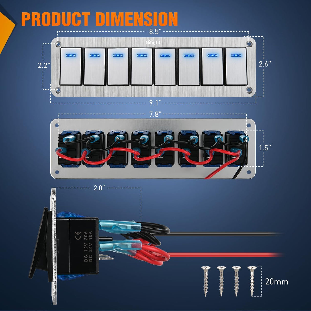 switch panel 8Gang Aluminum 3Pin ON/Off Blue Led Rocker Switch Panel