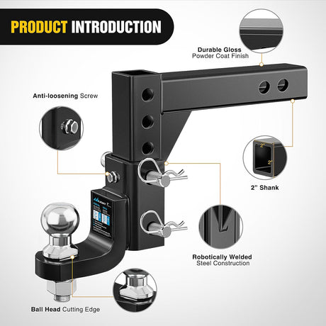 8 Position Adjustable Trailer Hitch Ball Mount with 2 Inch Trailer Ball Nilight