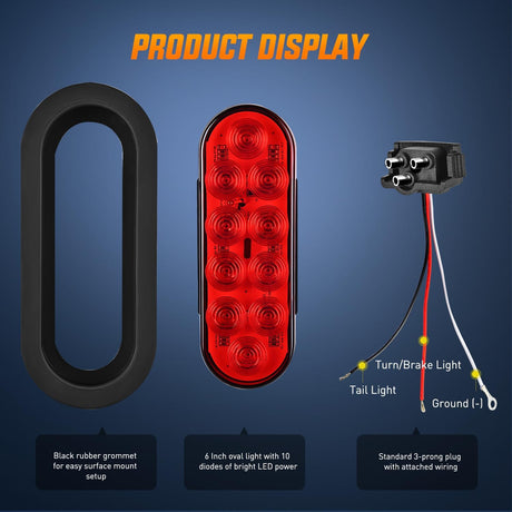 6 Inch Oval Red Amber White LED Trailer Tail Lights (6 Pcs) Nilight