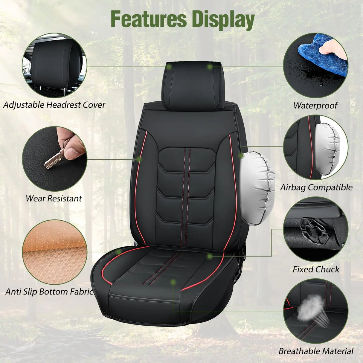 Vehicle Seat Belt Covers Car Seat Covers Custom Fit 2007-2024 Jeep Wrangler JK JL 4-Door Waterproof Wear-Resistant Leather Anti Slip Cushion Front Set (2PCS Front Seat Cover)