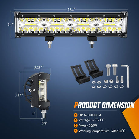 12 Inch 270W Side Shooter Triple Row Spot/Flood LED Light Bars Nilight