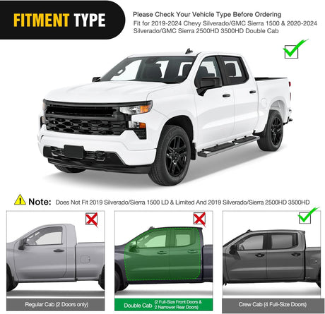 2019-2024 Chevy Silverado/GMC Sierra 1500 Double Cab 2020-2024 Silverado/GMC Sierra 2500HD 3500HD 6 Inch Stainless Steel Bolt-on Side Step Nerf Bars Running Boards Nilight