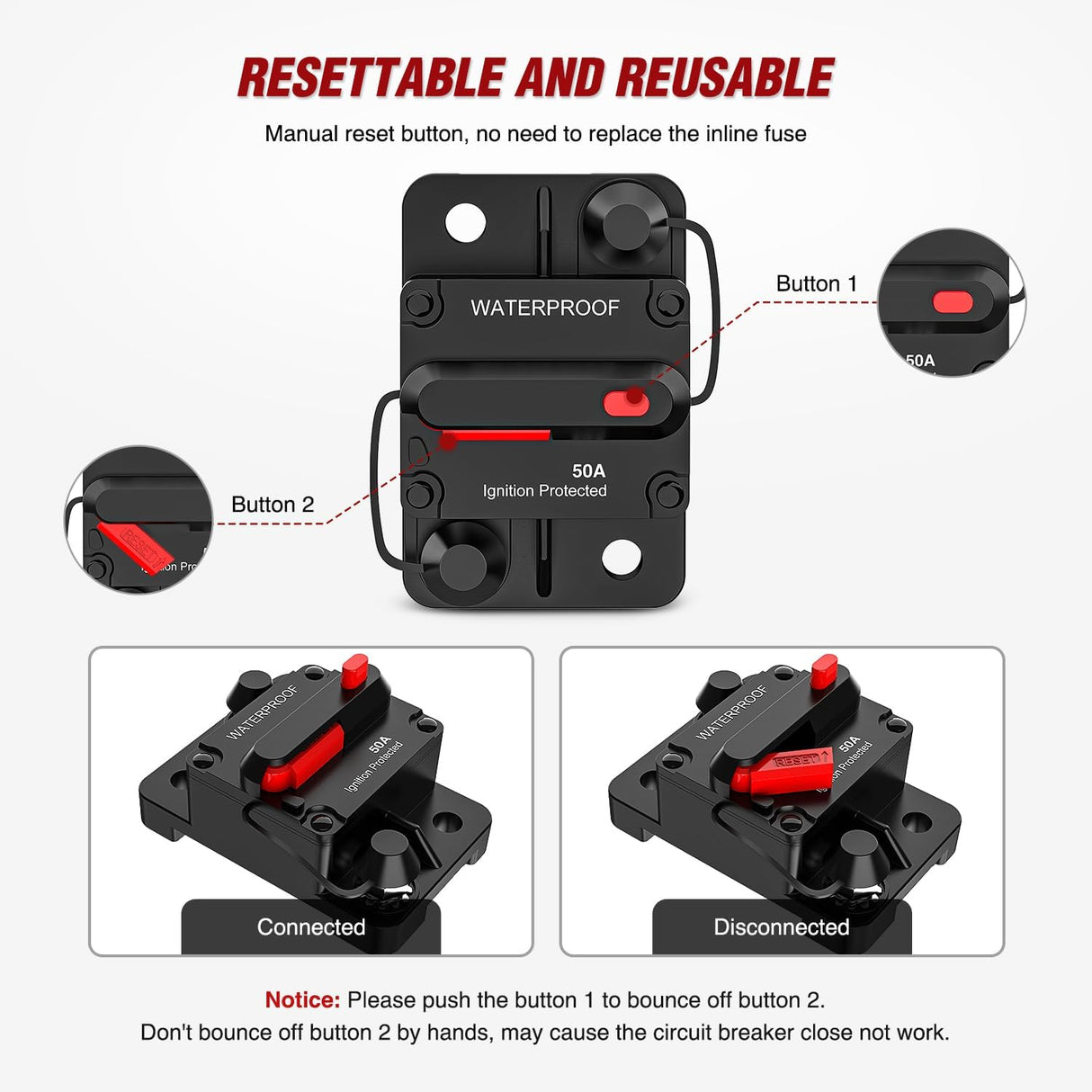 50A Circuit Breaker Resettable 12-48V DC Manual Reset w/Copper Wire Lugs Surface Mount Overload Protection Nilight