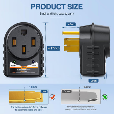 RV Parts 50 Amp RV Surge Protector 125V/6250W RV Surge Adapter Plug with LED Indicator 50 amp 3150 Joules 45000A Max Spike ETL Listed 14-50P 14-50R Power Guard for RV Camper Trailer