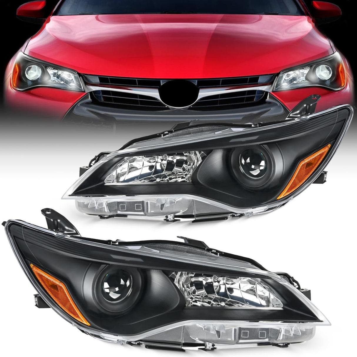 2015-2017 LE SE XLE Toyota Camry Headlight Assembly Black Housing Amber Reflector Clear Lens Nilight