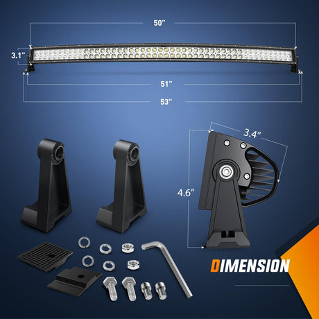 LED Light Bar 50" 288W Double Row Curved Spot/Flood Led Light Bar ｜12AWG Wiring Harness 5Pin Switch