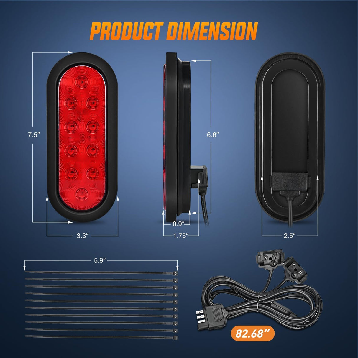 6 Inch Oval Red LED Hitch Cargo Carrier Trailer Tail Lights W/ Flush Mount Grommets Wire Harness (Pair) Nilight