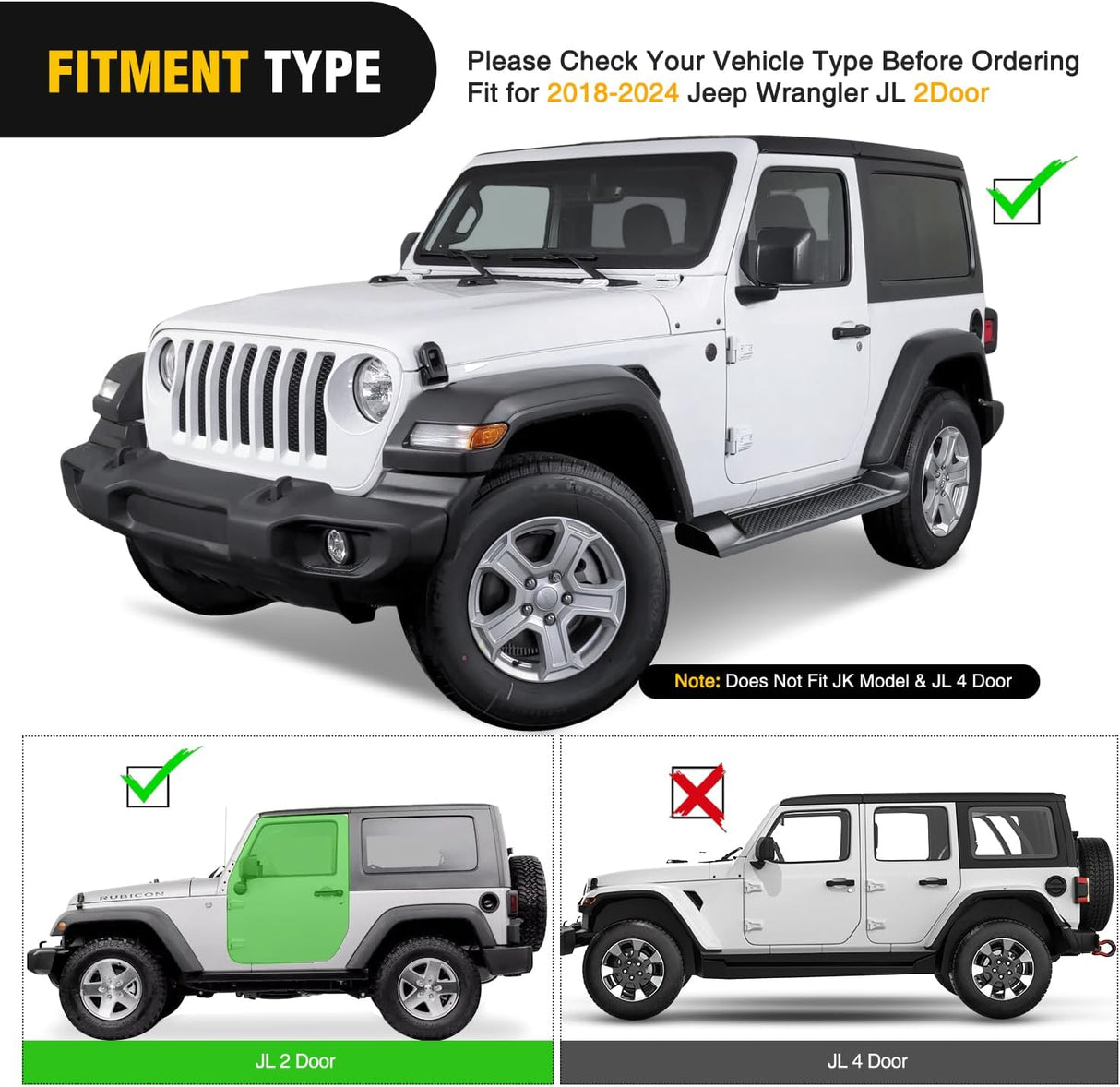 2018-2024 Jeep Wrangler JL 2 Door Side Step Nerf Bars 6 Inch ABS Plastic Matte Black Running Boards Nilight