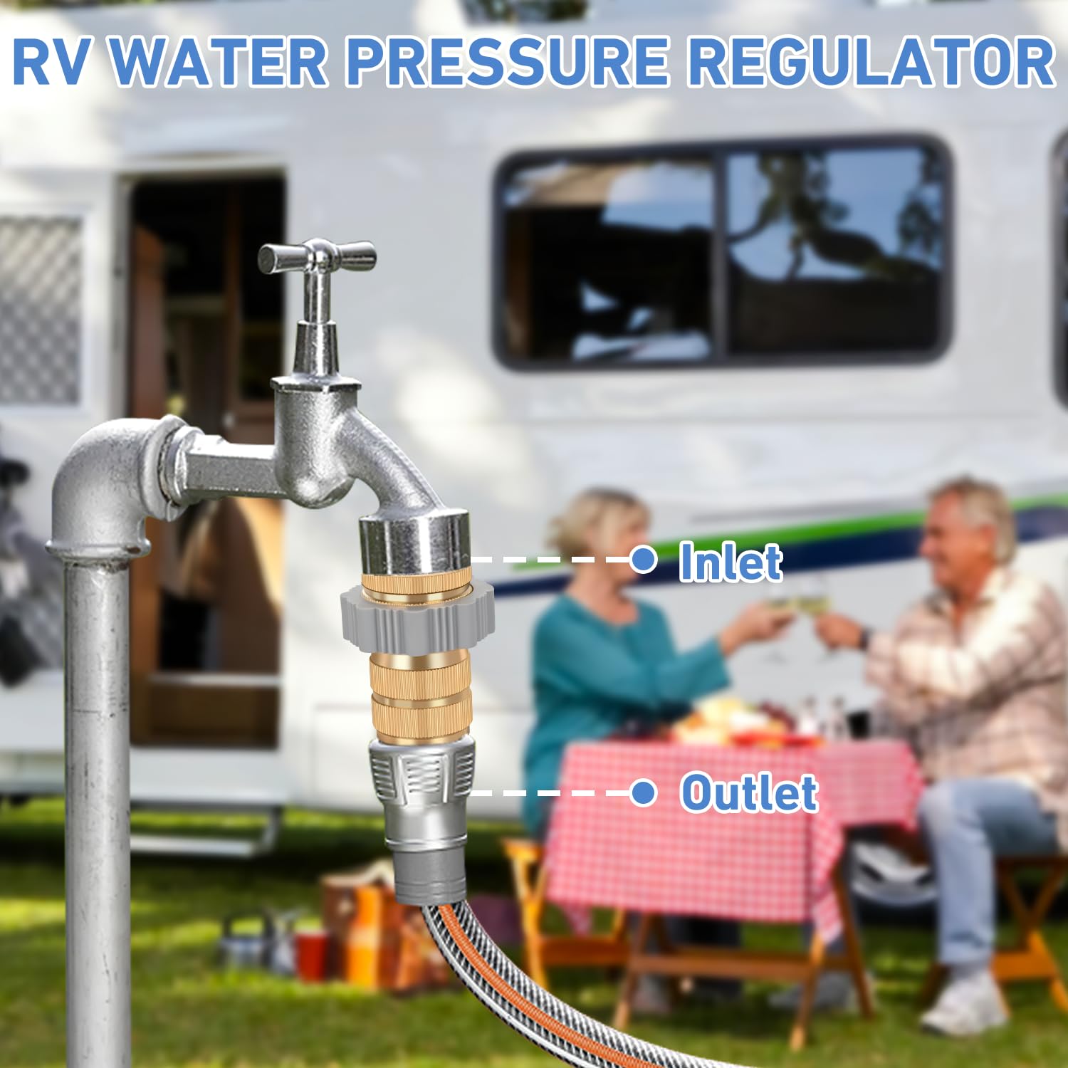 RV Parts RV Hi-Flow Water Regulator for Camper, Lead-Free Brass Water Hose Pressure Reducer Valve with Filter Screen 3/4 Inch Thread for Camper Trailer RV Plumbing System Water Hose, 40-50 psi