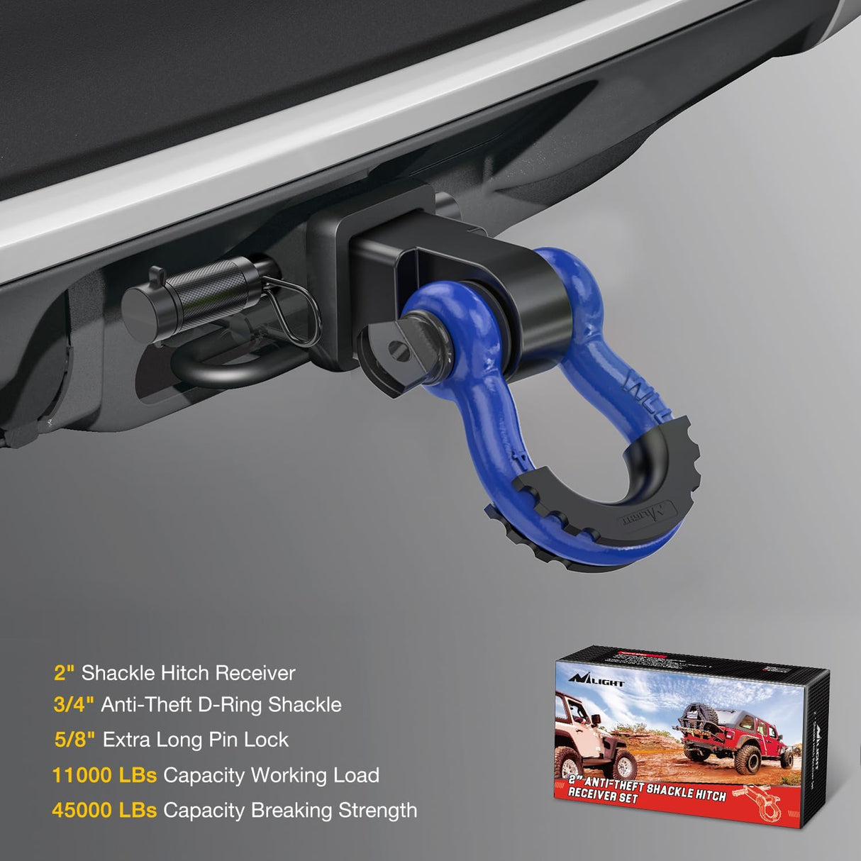 2 Inch Anti-Theft Shackle Hitch Receiver Set Blue Black Nilight