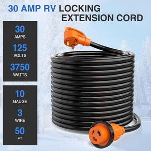 RV Parts 30AMP 50FT RV Extension Cord 125V Heavy Duty 10 Gauge Pure Copper STW Wire ETL Listed 3 Prong TT-30P L5-30R 30F/30M Weatherproof Cord Suit