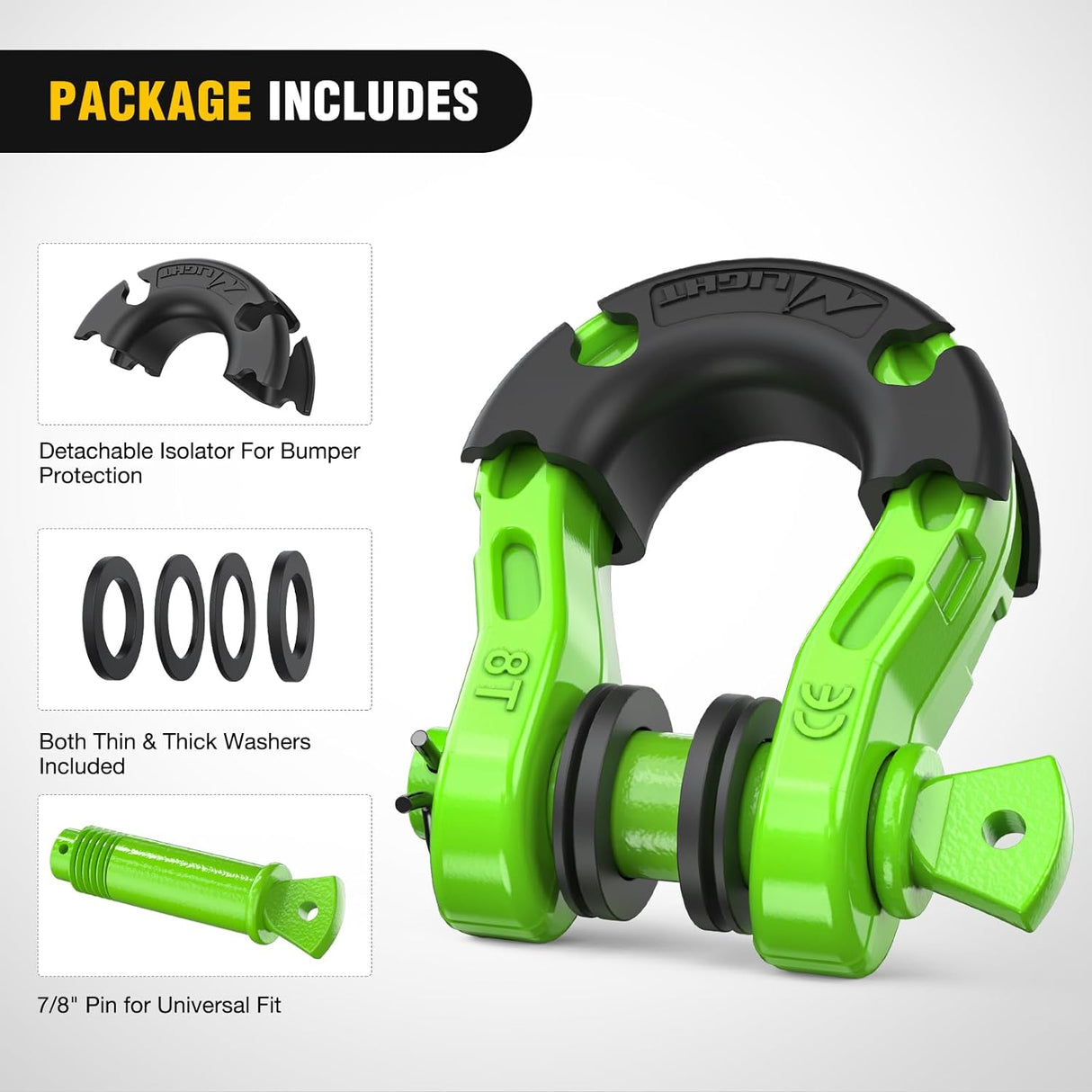 3/4 inch Mega D-Ring Shackle With 7/8 inch Screw Pin 68000LBS Green (Pair) Nilight