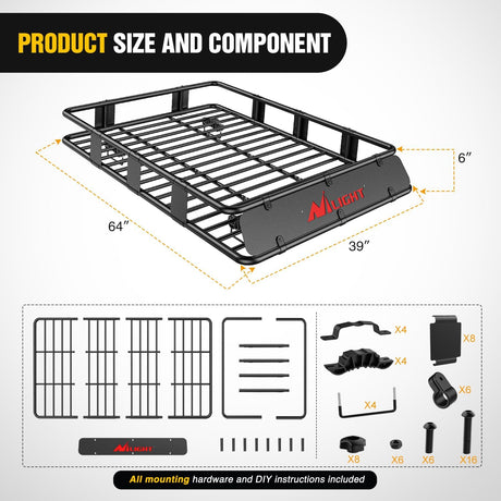 Universal Roof Rack Cargo Basket 64in x 39in x 6in Nilight