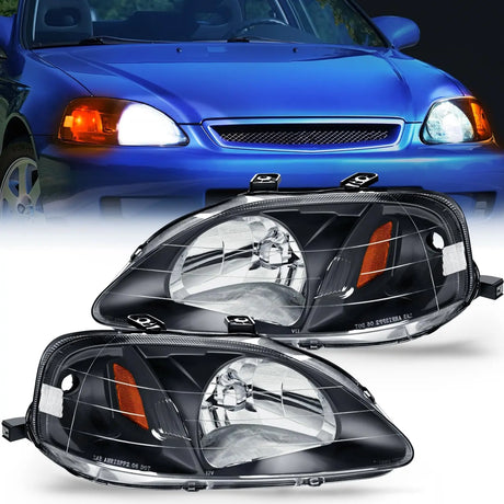 Headlight Assembly Headlight Assembly Black Case Amber Reflector Clear Lens For 1999 2000 Honda Civic (Pair)