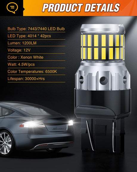 7440 7441 7443 T20 992 W21W 6500k Xenon White LED Bulbs (Pairs) Nilight