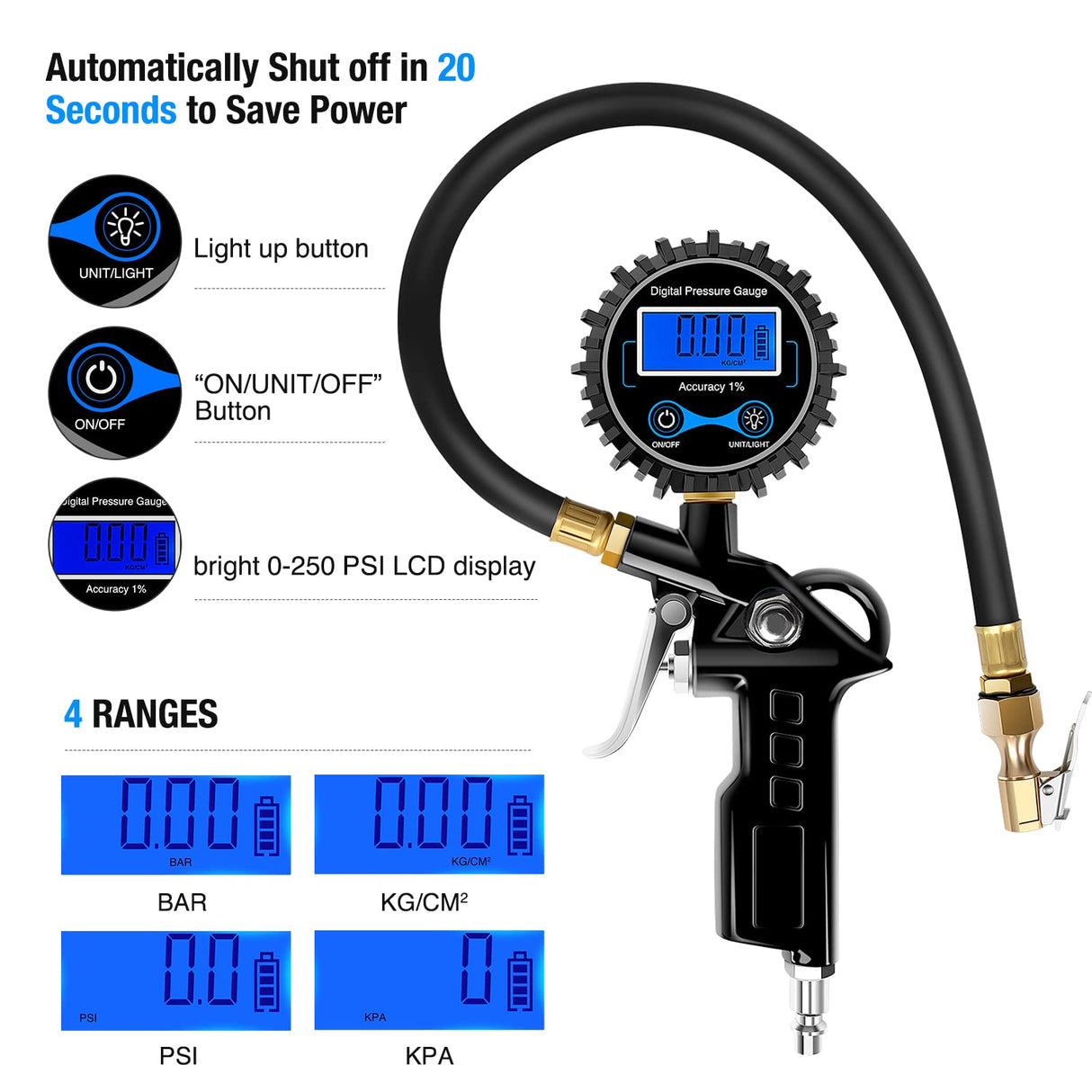 Digital Tire Inflator Pressure Gauge 250PSI Nilight