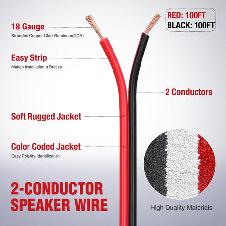 18AWG 100FT Copper Clad Aluminum Wire 18/2 Gauge Red Black CCA Electrical Cable 2 Conductor Parallel 12V/24V DC Flexible Extension Cords Nilight