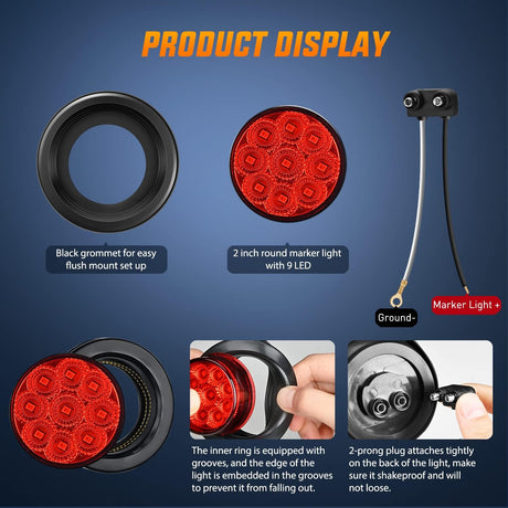 2 Inch Red 9 Leds Round Side Marker Light (Pair) Nilight